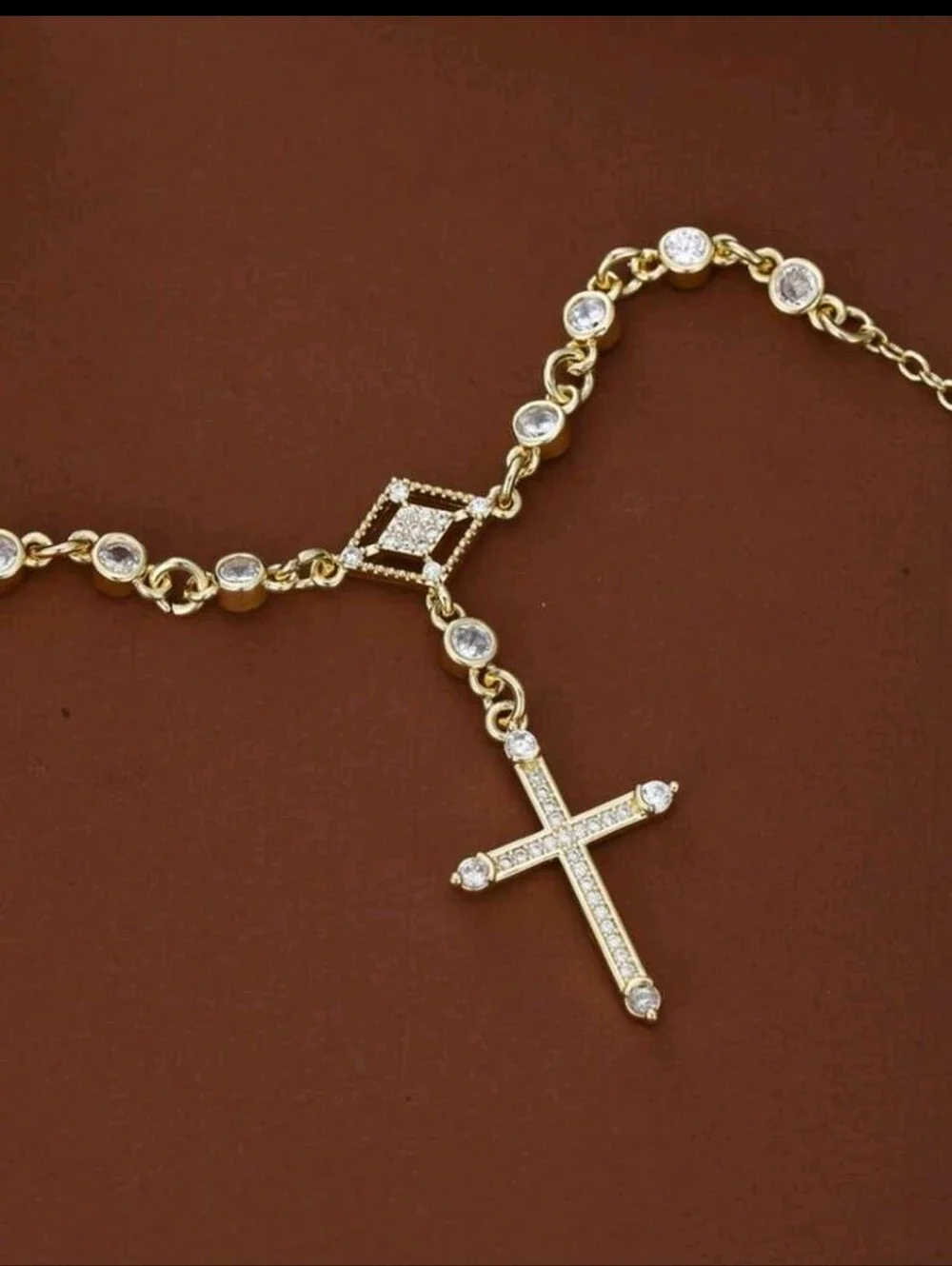 Gold Cross Charm Bracelet with Clear Stones